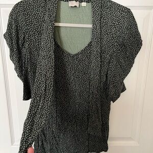 Anthropologie Black and Mint Green Floral Blouse